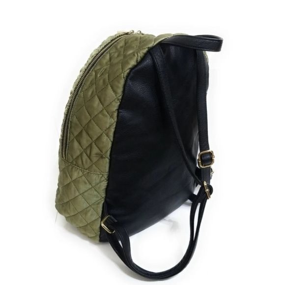 Aldo Womens Satin Quilted Backpack in Olive Army Green Patchwork Detail main image 4